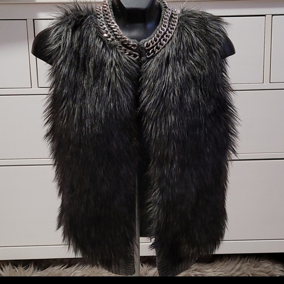 Michael kors faux fur derby grey wool blend sweeter vest silver chain collar - Picture 3 of 7